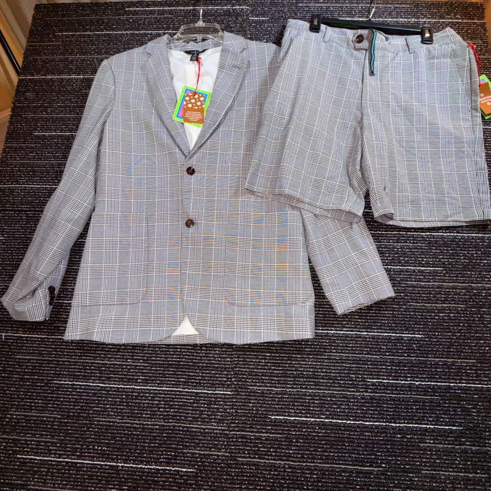 Houston White Plaid Blazer Shorts Set Women M NWT Grey Glen Check Suit